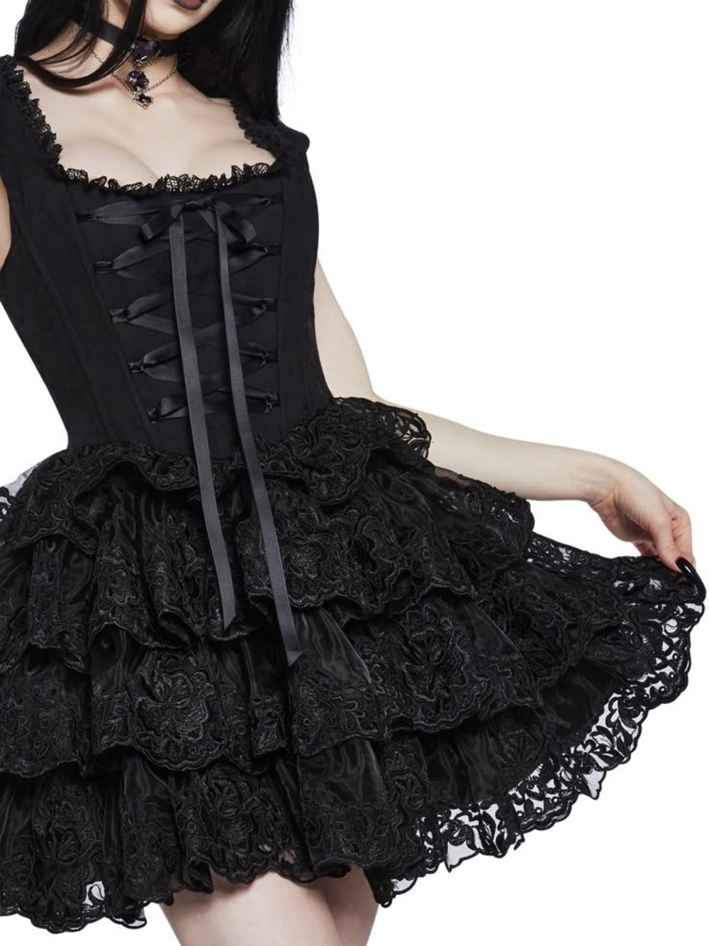 Widow Black Gothic Lace Corset Dress with Tiered Ruffle Skirt